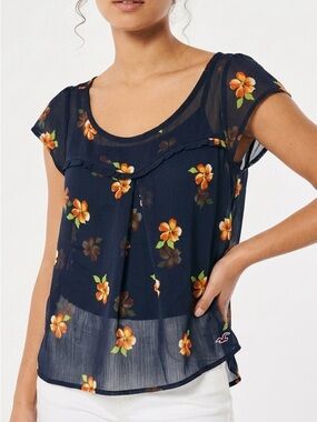 Hollister Y2K Sheer Navy Blue Floral Mesh Peasant Blouse Boho Top Size S
